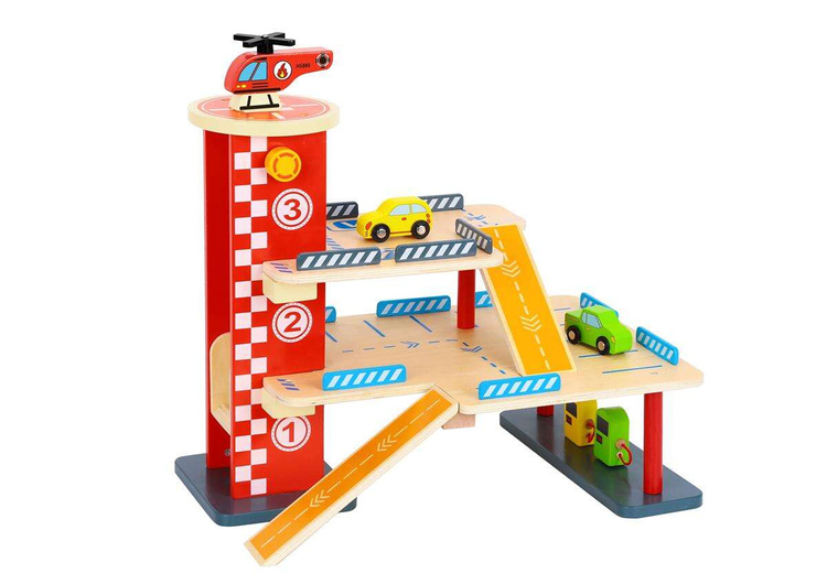 TOOKY TOY Drewniany Garaż Parking Lądowisko Stacja Benzynowa + AUTKA i HELIKOPTER