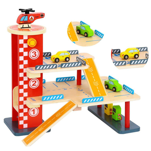 TOOKY TOY Drewniany Garaż Parking Lądowisko Stacja Benzynowa + AUTKA i HELIKOPTER