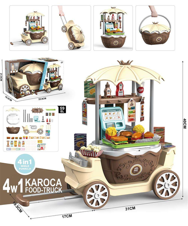 WOOPIE Sklep Fast Food na Kółkach Wózek Walizka 59 akc. 4w1