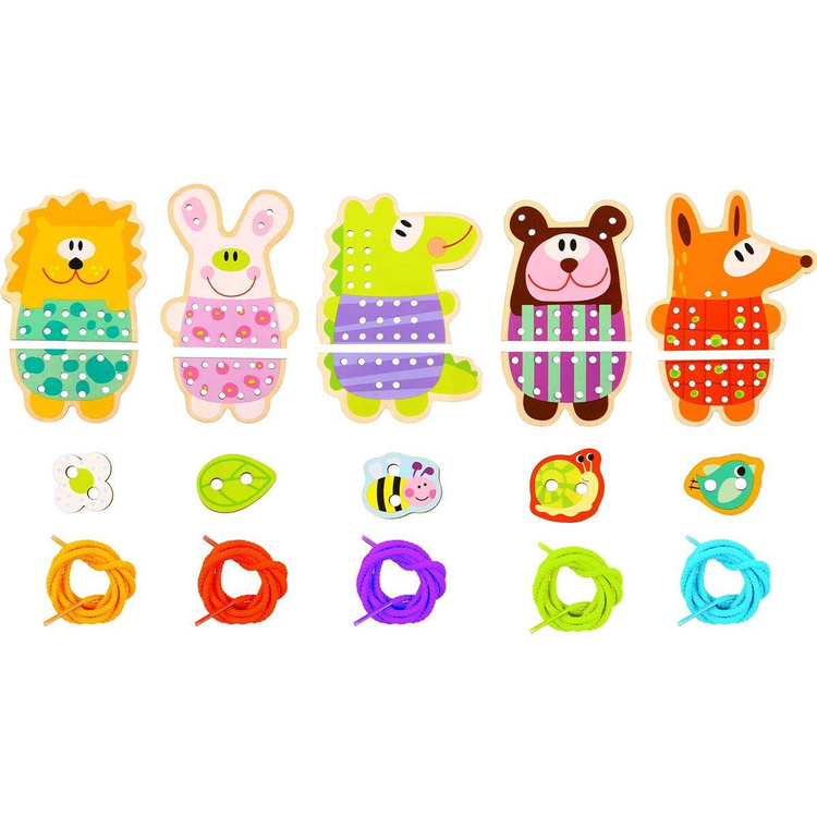 TOOKY TOY Drewniana Gra Zręcznościowa Zwierzątka do Sznurowania 5w1
