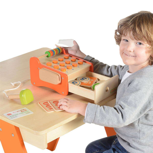 Drewniana Kasa Sklepowa Dla Dzieci + Pieniądze i Karta Kredytowa Masterkidz