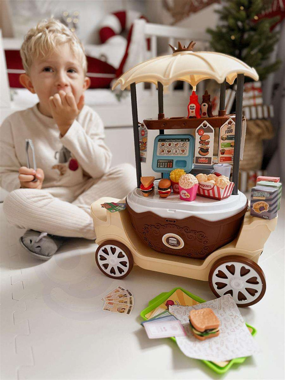 WOOPIE Sklep Fast Food na Kółkach Wózek Walizka 59 akc. 4w1