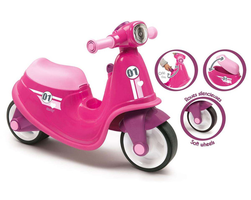 Smoby Różowy jeździk skuter Ciche koła Pink Scooter