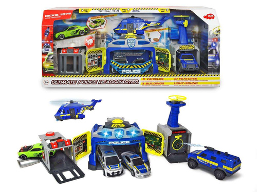 Dickie SOS Kwatera główna Policji zestaw Helikopter + 5 Pojazdów Światło Dźwięk