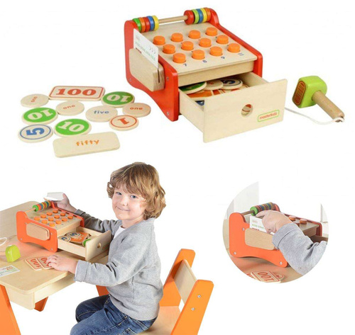 Drewniana Kasa Sklepowa Dla Dzieci + Pieniądze i Karta Kredytowa Masterkidz