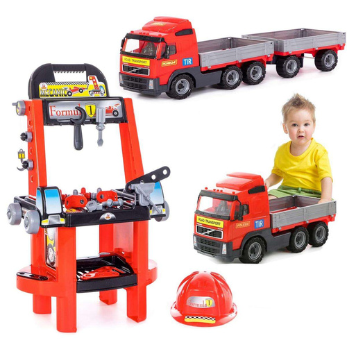 Zestaw Majsterkowicza "Super Mechanik" + Samochód z Burtami i Przyczepą "Volvo" Wader QT Polesie