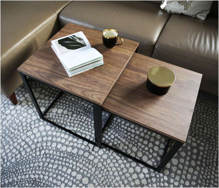 Stolik kawowy Loft metalowy Czarny 2w1 50x50/45x45 Dąb postarzany PREMIUM