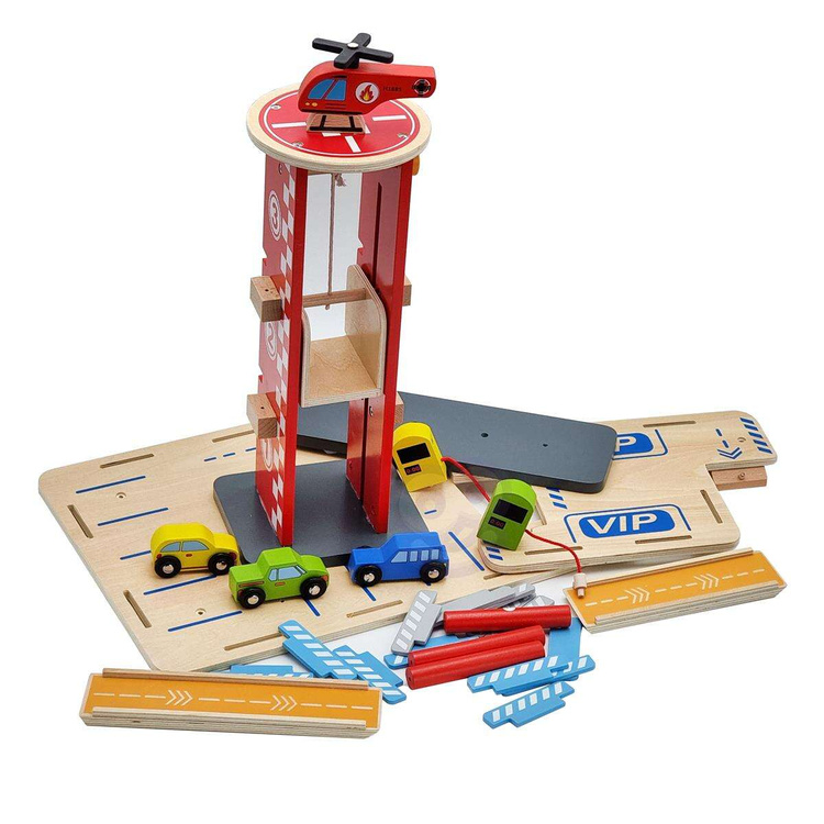 TOOKY TOY Drewniany Garaż Parking Lądowisko Stacja Benzynowa + AUTKA i HELIKOPTER