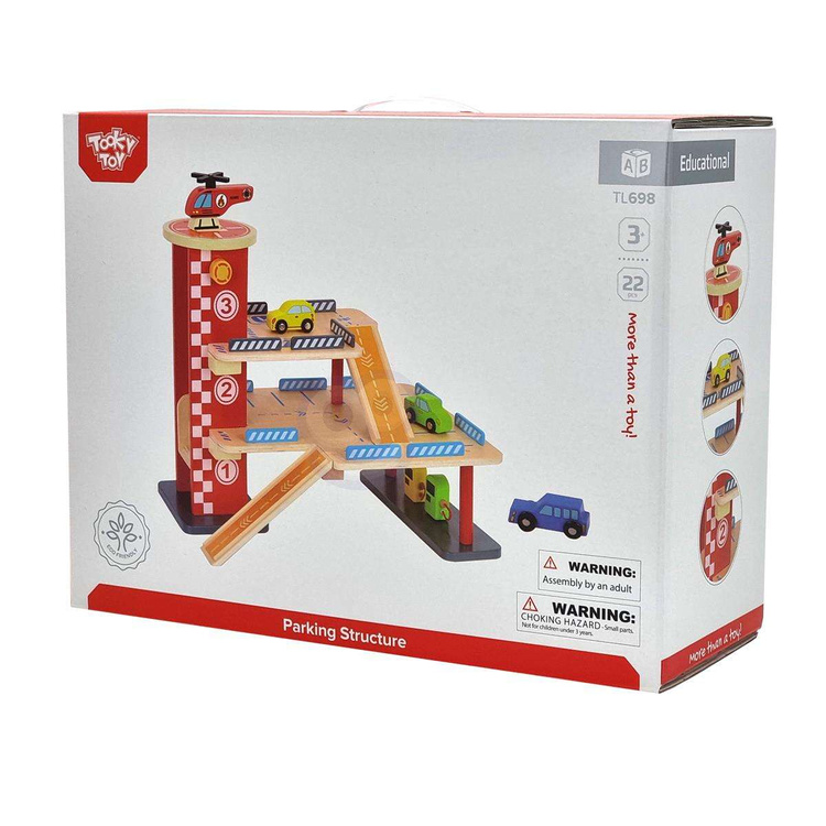 TOOKY TOY Drewniany Garaż Parking Lądowisko Stacja Benzynowa + AUTKA i HELIKOPTER