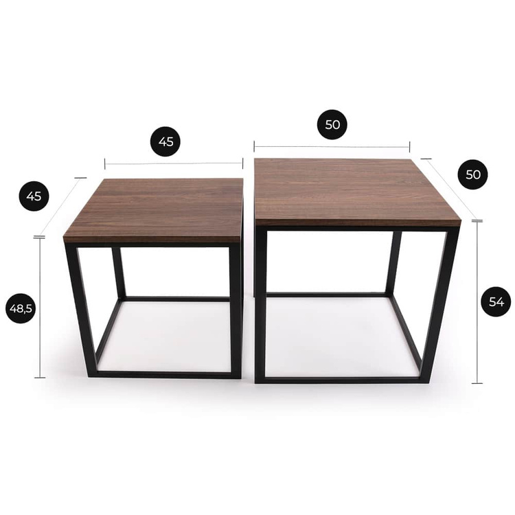 Stolik kawowy Loft metalowy Czarny 2w1 50x50/45x45 Dąb postarzany PREMIUM