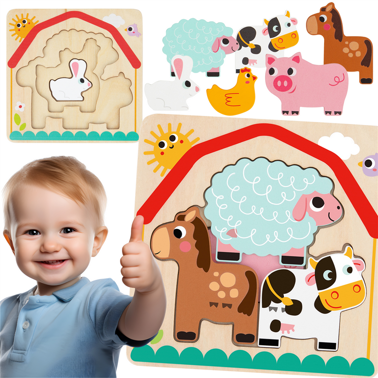 Tooky Toy Drewniane Puzzle Montessori Wielowarstwowe Tablica Zwierzątka na Farmie 7 el.